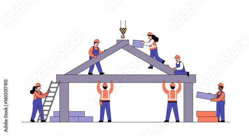 Teamwork in construction: builders collaborating on a project with tea