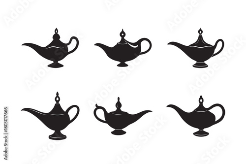 black silhouette magic genie lamp set bundle on white background