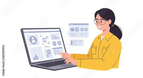 Businesswoman analyzing data on laptop in modern office environment