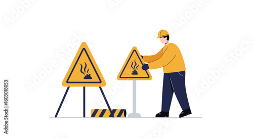 Construction worker setting up road signs for safety precautions