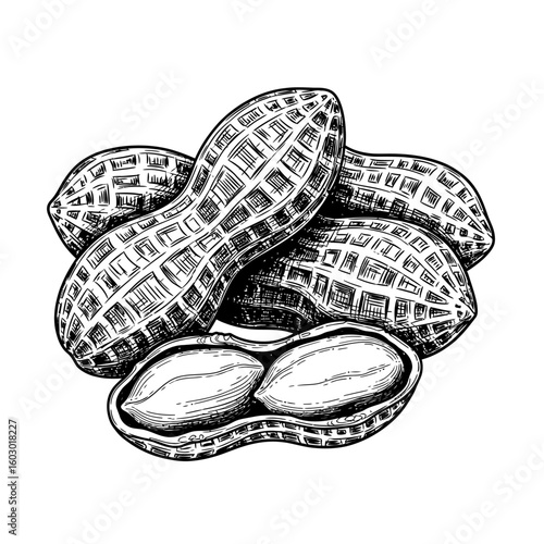A monochrome illustration shows a pile of peanuts some still in their shells