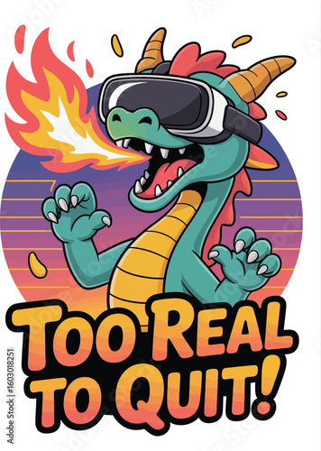 Excited cartoon dragon breathing fire while wearing virtual reality goggles and playing a game