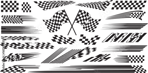 Collection of racing flags and brush strokes isolated on transparent background