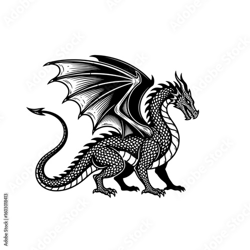 A black and white illustration depicts a formidable dragon with detailed scales and powerful wings