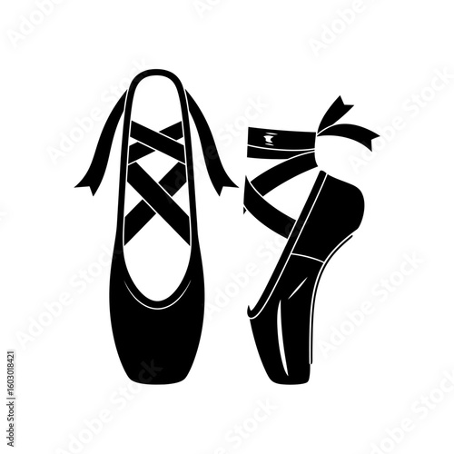 A pair of black ballet pointe shoes is displayed on a white background