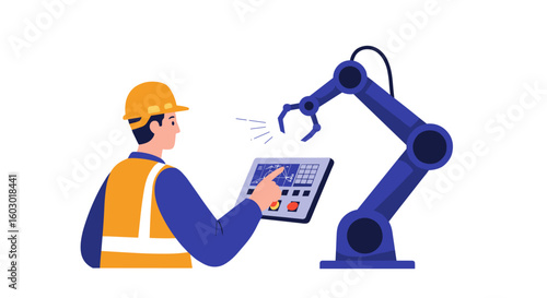 Engineer operating robotic arm with touchscreen control in flat design