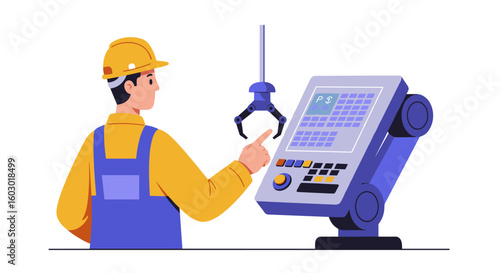 Factory automation worker operating robotic arm with control panel in