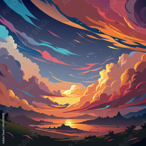 A vibrant sunset over a lake surrounded by mountains