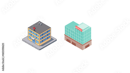 Isometric office buildings showcase urban planning and innovative architecture, appealing to developers and city planners designing modern, sustainable spaces
