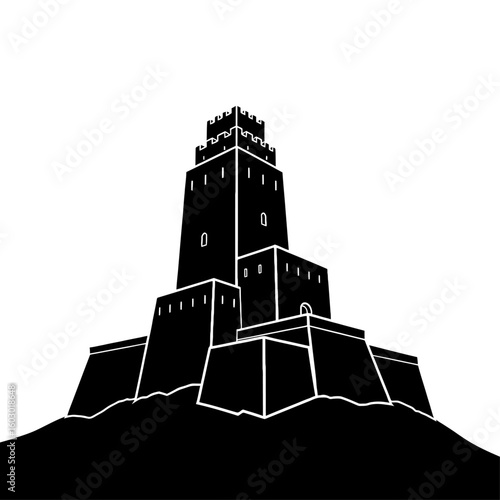 A silhouette of a medieval castle stands tall on a hill against a white background
