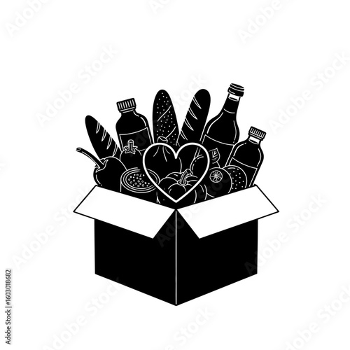 A box filled with food and a glowing heart symbolizes food donation and charitable support