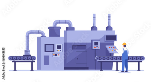 Modern factory automation with worker operating control panel in flat