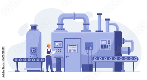 Factory automation with engineer at control panel in modern industrial