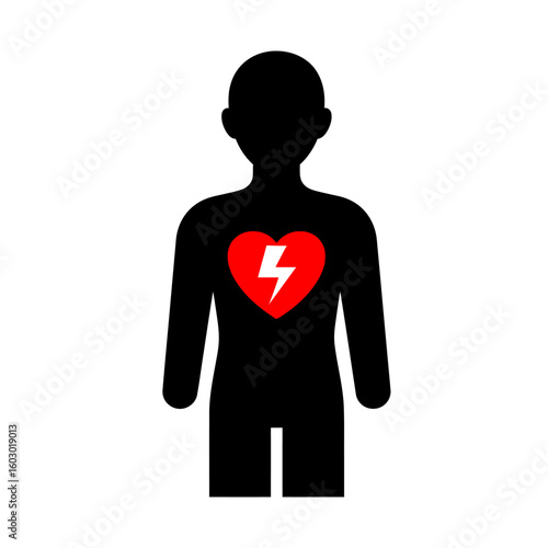 A black silhouette shows a defibrillator symbol on the heart