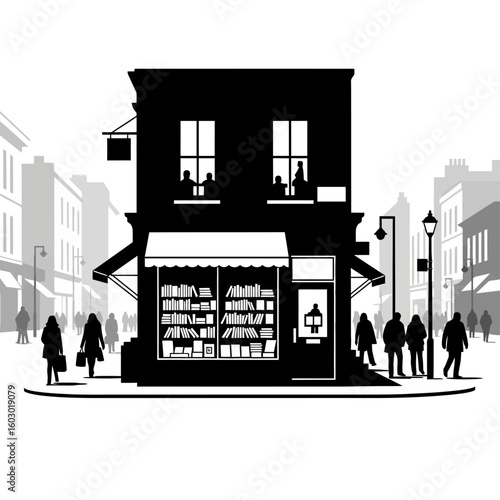 A black and white illustration shows a bookstore on a city street with people walking by