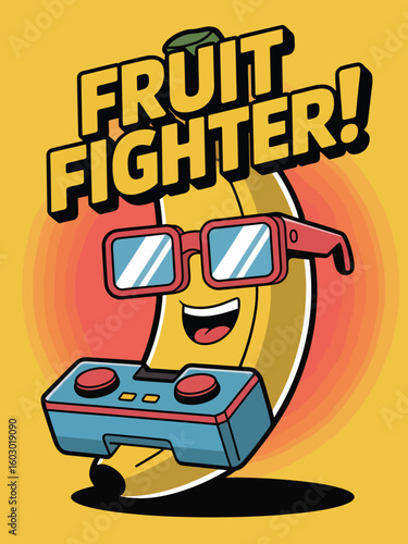 Funny banana character wearing sunglasses playing video games with a controller