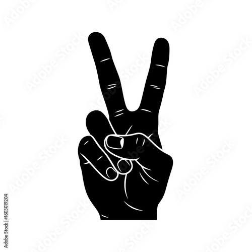 A hand is making a peace sign with two fingers