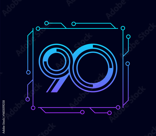 Abstract modern number 90 with border circuit technology symbol design vector illustration