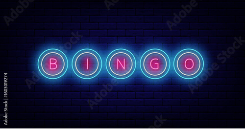 Bingo neon emblem. Letters in circles. Present online message. Casino jackpot. Glowing advertising. Vector illustration