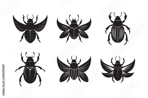 black silhouette scarab beetle set bundle on white background