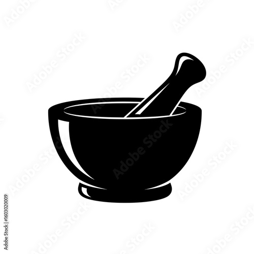 A mortar and pestle are shown in a black and white graphic