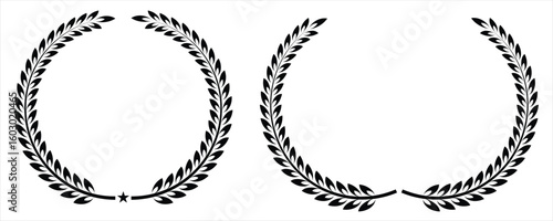 Set of wreaths and branches with leaves. Hand drawing laurel wreaths and branches collection. Laurels wreaths, swirls, twigs and flower ornaments. Herbs, vector illustration 