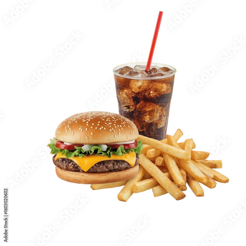 A delightful combo featuring a juicy cheeseburger, crispy golden fries, and an ice-cold soda on a transparent background