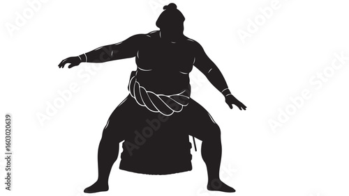 Silhouette illustration of a sumo wrestler with arms outstretched, ready for a match.