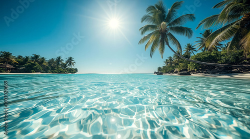 Fototapeta Naklejka Na Ścianę i Meble -  A beautiful blue ocean with palm trees in the background. The sun is shining brightly, creating a warm and inviting atmosphere