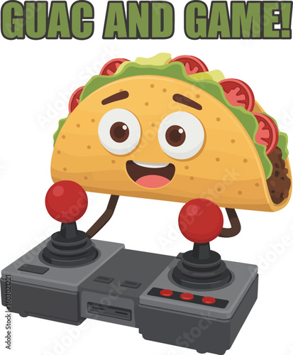 Funny cartoon taco character playing video games with joysticks and retro console