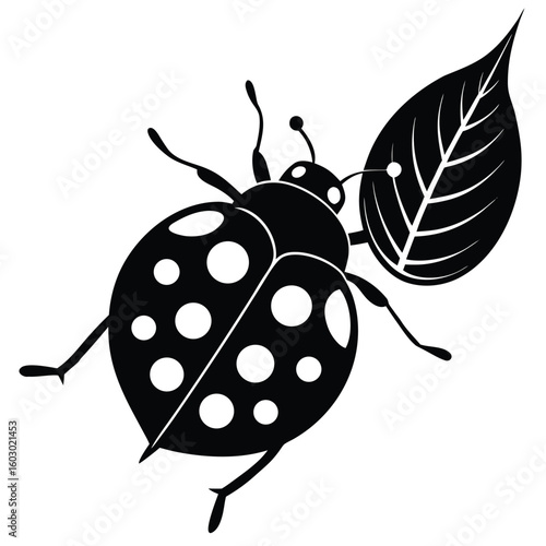 Black and white illustration of a ladybug with a leaf