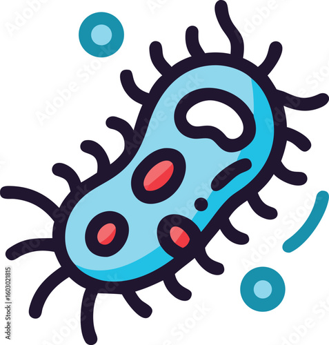 Detailed Illustration of an Isolated Cartoonish Bacterium with Flagella and Plasmids