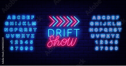 Drift show neon sign with road arrows. Glowing blue alphabet. Street racing flyer. Vector stock illustration