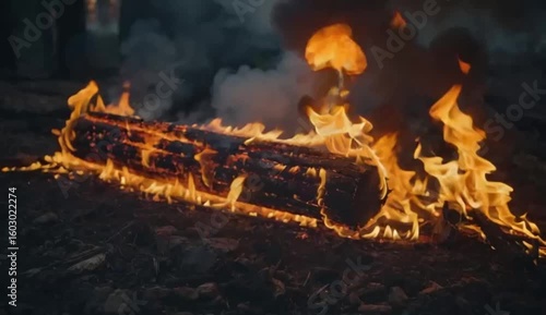 Fire Slowly Consuming a Large Log Video
