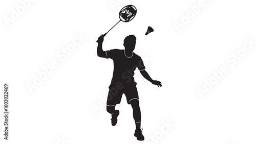 Silhouette of a badminton player hitting a shuttlecock with racket, black illustration