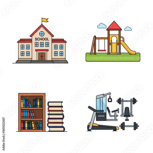 Vector icon set featuring school building, playground, books, and gym equipment on white background