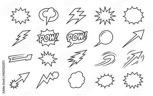 Comic Book Style Line Art Speech Bubbles and Sound Effect Icons: Pow, Bang, Zap, Burst, and Exploding Shapes Vector Set