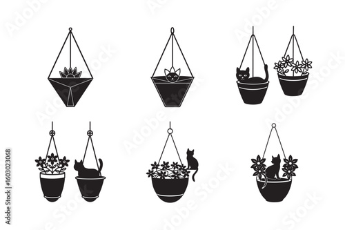  double hanging flowerpots with flowers line art set bundle