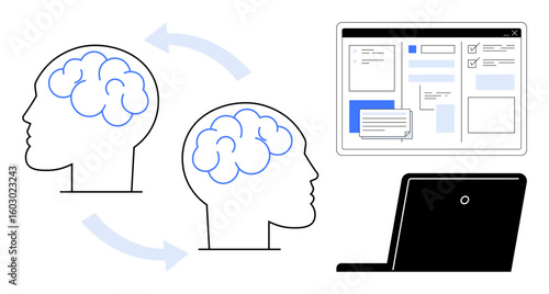 Two human brains interconnected with arrows alongside a laptop displaying a digital interface. Ideal for teamwork, creativity, technology, innovation, learning, problem-solving, collaboration. Simple