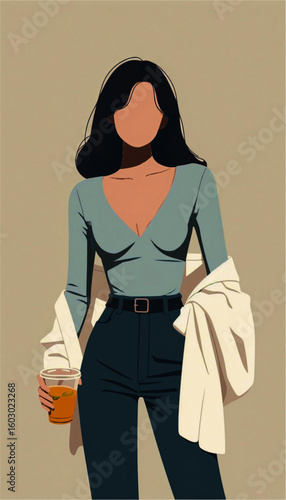 Illustration of a woman with dark hair holding a drink wearing a blue top and dark pants with a belt