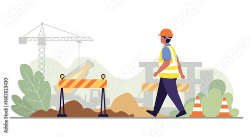 Construction worker walking through site with crane and safety equipme