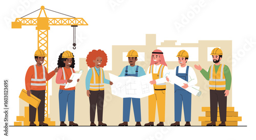 Diverse construction team collaborating on building project plans