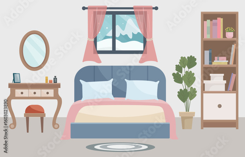 Warm and cozy bedroom with a comfortable bed, soft light lamp, window, dressing table and indoor plant. Winter interior. Interior concept. Ideal for websites, social media posts, blogs and interior 