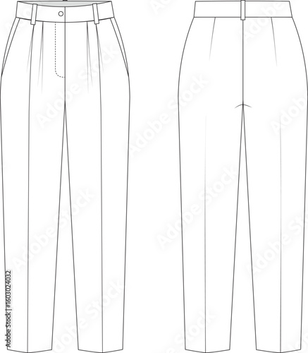 Editable technical flat of pleated high-waist trousers with waistband, belt loops, slant pockets, and front fly. Includes front and back views. For tech packs, fashion design and production.