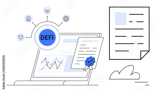 Digital finance diagram with DEFI token, connected icons, certified document, and analytics. Ideal for fintech, blockchain, cryptocurrency, data, automation global economy simple landing page