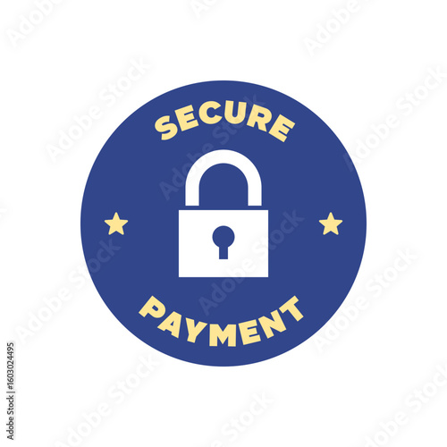 Secure Payment Circular Label with Lock Icon in Bold Blue and Yellow Color Scheme