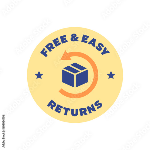 Free and Easy Returns Badge with Parcel Icon and Rounded Blue Orange Design