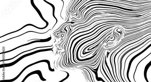Vector art of an abstract human profile is created using flowing black and white wavy lines