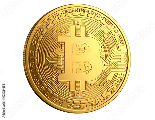 3D Gold Bitcoin Coin Icon with Engraved Details, Angled View, Transparent Background
