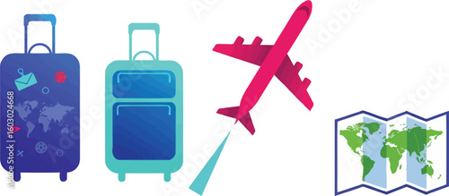 Travel the world with this vibrant illustration featuring suitcases, a flying airplane, and a detailed world map, perfect for travel agencies and vacation planning materials.